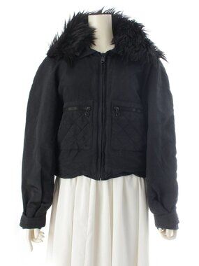 Chanel Silk Fur Collar Quilted Jacket Logo Black 44